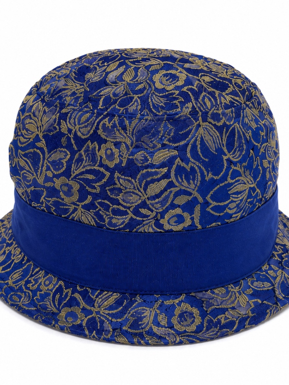 Vintage Jean Sutton Blue & Gold Floral Brocade Bucket Cloche Hat USA
